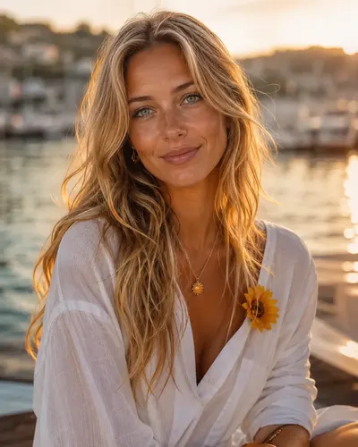 Brittany Beatless at the Mediterranean waterfront during golden hour