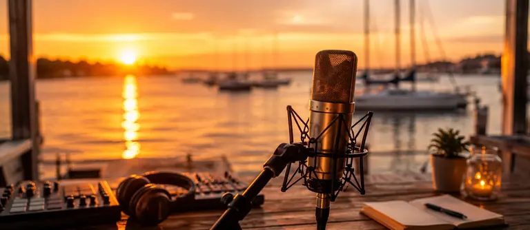Recording microphone and music equipment overlooking a marina at sunset